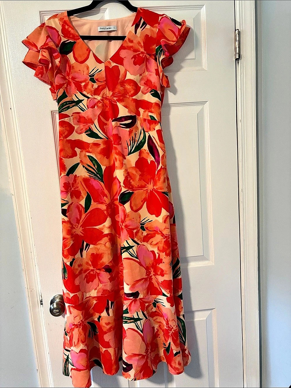 PrettyGarden Floral Midi Dress in Orange & Pink Size Small